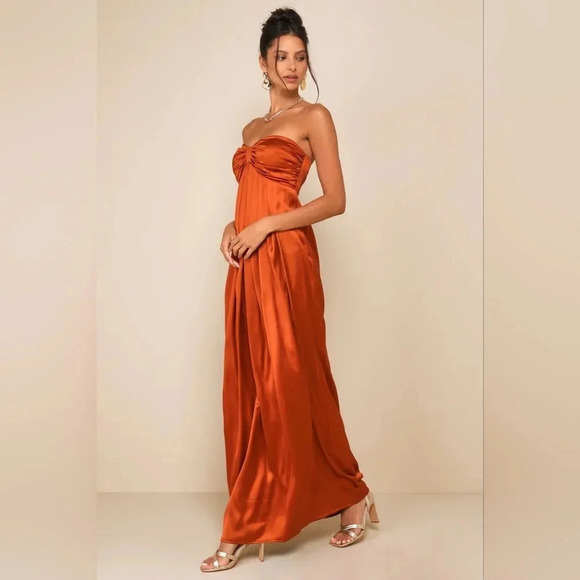 Lulus Memorable Entrance Rust Orange Strapless Satin Maxi Dress Wedding Party - Picture 3 of 9